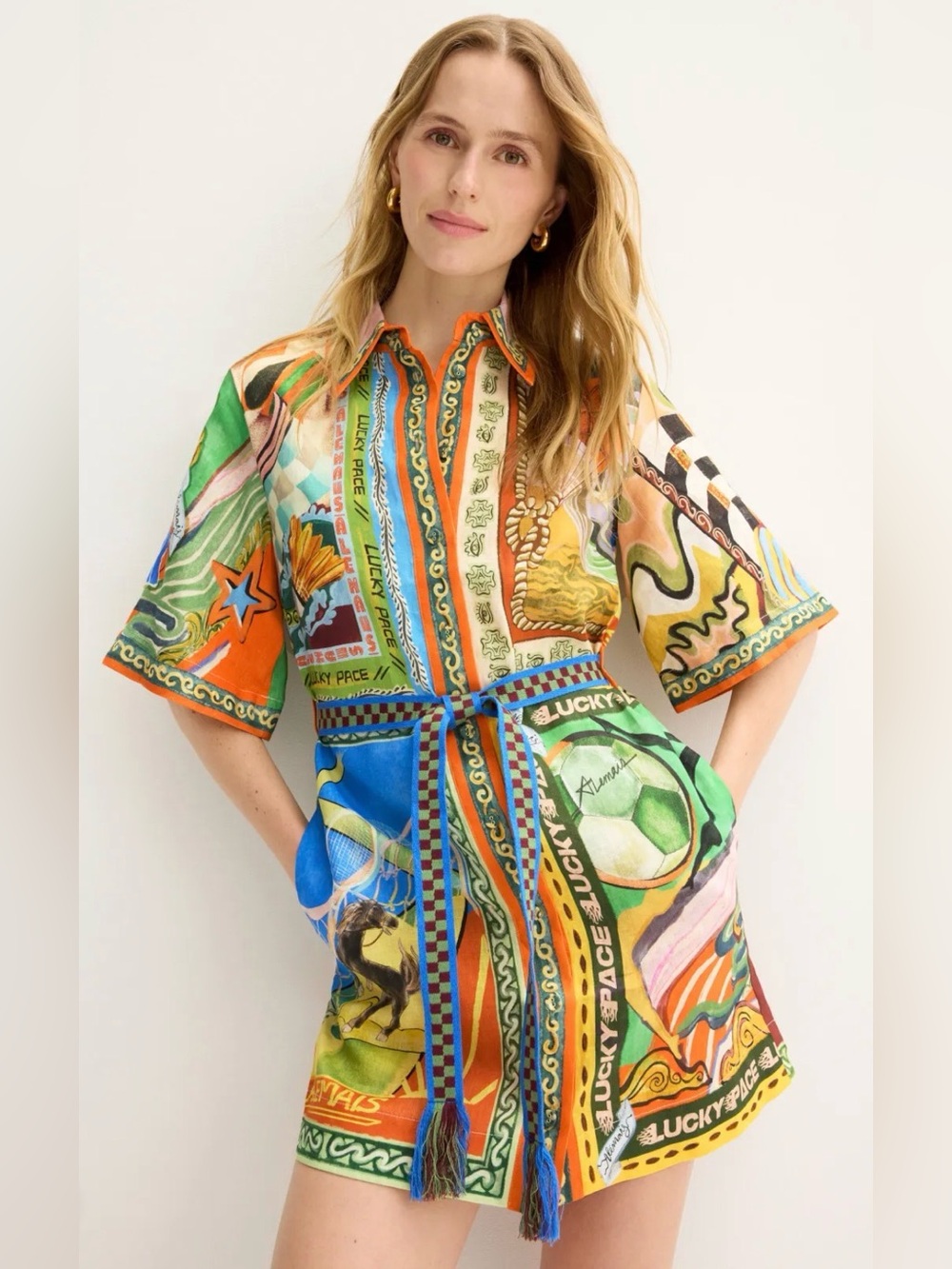 ALÉMAIS Lucky Pace Linen Mini Dress Multicolor Printed Shirt Dress
